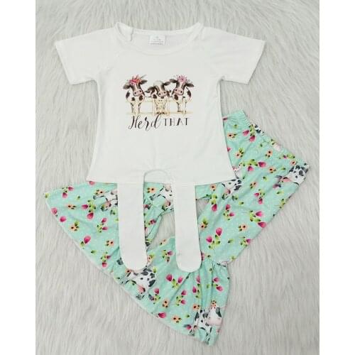 New arrival girls clothes 2pcs kids sets for girls dairy cow top and fresh flowers bell pants outfit