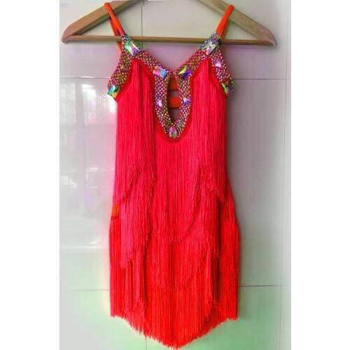 Sexy Latin Dance Dress For Women Girls Adult Rhinestones Tassel Fringe Red Tango Dress Female Professional Salsa Latin Dress