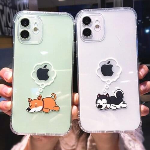 Cute Cartoon Animal Shiba Inu and Husky Clear Phone Case For iPhone 12 11 Pro Max X XS XR Mini 7 8 Plus Soft TPU Cover Couple
