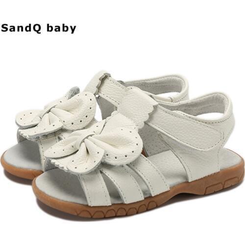 2020 New Summer Children Sandals for Girls Genuine Leather Bowtie Princess Shoes Kids Beach Sandals Baby Toddler Shoes White