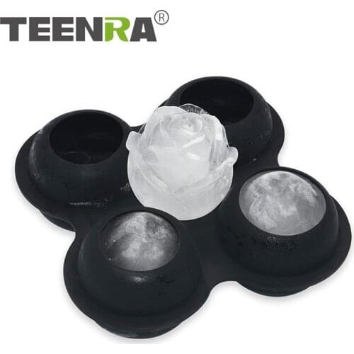 TEENRA 4 Cavity Silicone Rose Shape Ice Ball Mold Reusable Whiskey Cocktail Mould 3D Rose Ice Molds Ice Cream Moulds Bar Tools