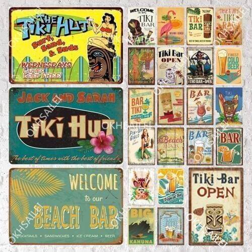 Tropical Beach Coconut Tree Surf Beer Drink THE TIKI HUT Metal Sign Vintage Tin Sign Plaque Metal Vintage Wall Art Decor For Bar