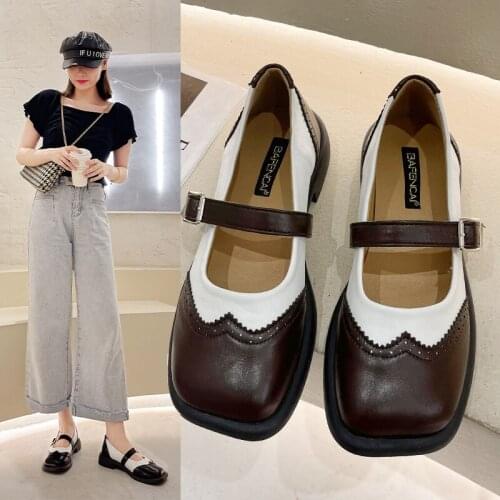 Women Square Toe Mary Janes Shoes Spring Autumn Fretwork Oxford Shoes Patchwork Leather Buckle Strap Shoes Zapatos Mujer 9374N