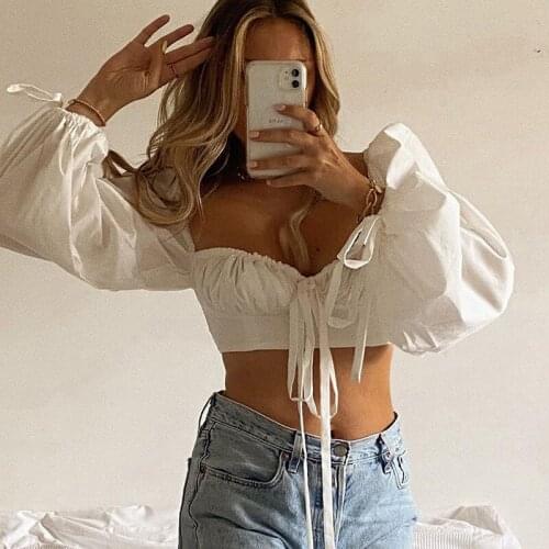 YiDuo White Lantern Sleeve Elegant Women Crop Top Sexy Blouse Shirts Spring 2021 Lace Up Backless Top Solid Fashion Blusas Party
