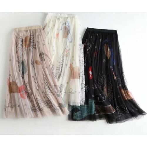 Saia Midi New Arrival None Faldas Mujer Skirt 2020 Summer New Pleated High Waist Cartoon Doodle Mesh Gauze Elastic Skirt Women