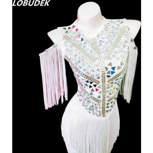 Nightclub Women DJ Singer Performance Sparkly Rhinestones Mirrors Tassels Bodysuit Bar Party Concert Dancer Jazz Dance Costume