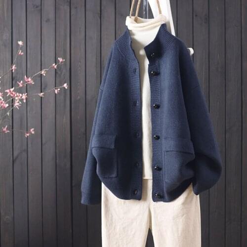 2021 autumn and winter new style loose long-sleeved solid color buttoned sweater cardigan womens casual knitted top