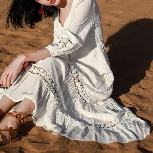 Bohemia Patchwork Lace Embroidered Maxi Dress 2021 Summer Lace Up V-Neck 3/4 Sleeve Dresses Women Long Hollow Out Beach Vestidos