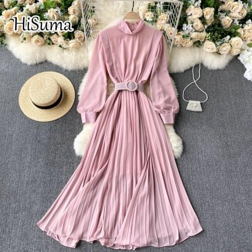 2021 summer new women o-neck lantern sleeve waist Pleating chiffon A-line dress female Chic pure white elegant sweet dresses