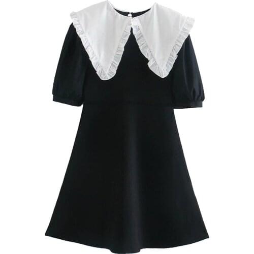 2021 New Women Sweet Fashion Patchwork Knitted Mini Dress Vintage Peter Pan Collar Short Sleeve Female Dresses Vestidos