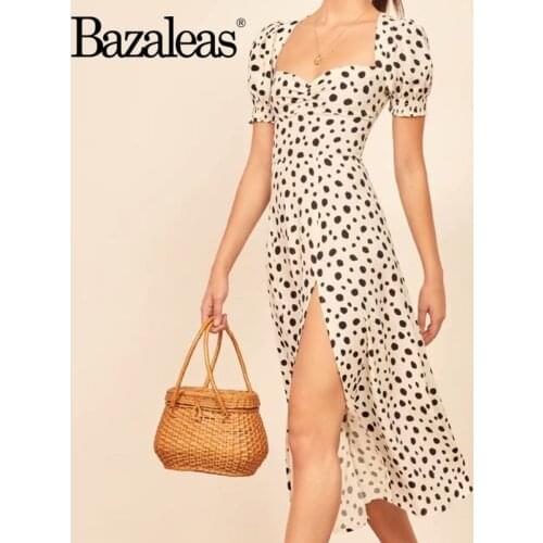 Bazaleas Retro Center Ruched vestidos Casual Dresses Vintage Dot Print women Dress Chic Side Split women midi Dresses