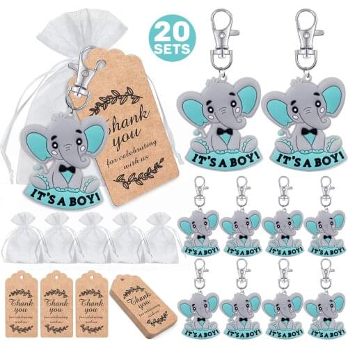 20 guest baby gifts in return, baby elephant keychain + organza bag + thank you kraft paper label, provide elephant theme party
