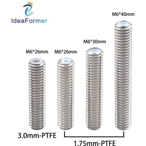 5Pcs 3D Printer MK8 Stainless Steel Throat Heat Break M6*26/30/40mm With PTFE Tube For MK8 Extruder Head 1.75/3.00mm Filament