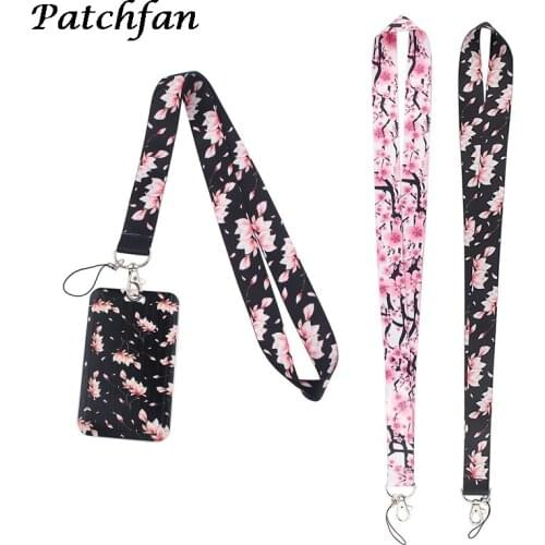 AD316 Patchfan Cartoon Cherry Blossoms Lanyard Keychain key Badge Mobile Phone Rope Lanyard With Kawaii Card Holder Cover