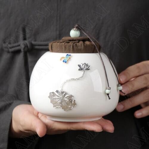 White Jade Porcelain Tea Tin with Lid Plating Silver Decorative Ceramic Tea Set Storage Organizer Container Home Decoration
