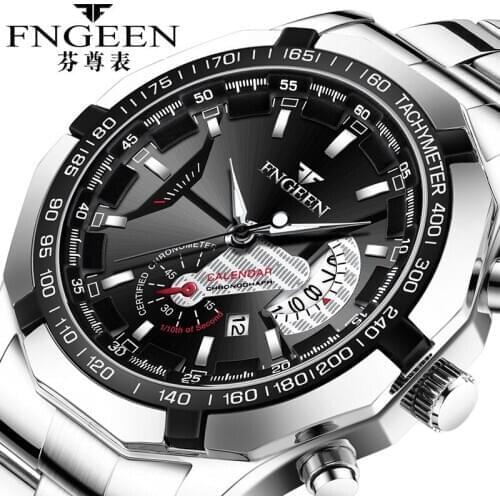 FNGEEN Top Brand Men Watch Sports Clock Steel Mens Watches Luminous Waterproof Calendar Fashion Business Watch Male Wristwatch
