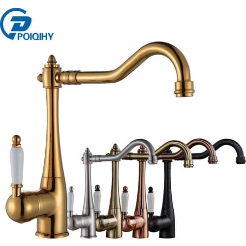 POIQIHY Golden Kitchen Faucet Ceramic Handle Bathroom Kitchen Mixer Tap Deck Mounted Rotation Spout Cold Hot Crane Chrome Tap