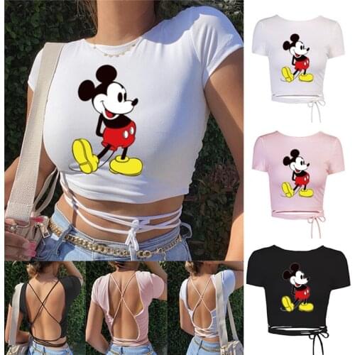 Disney Mickey Mouse Summer Ladies Open Sexy Halter Top Ladies Bandage Halter T shirt Club High Street Slim T shirt Top
