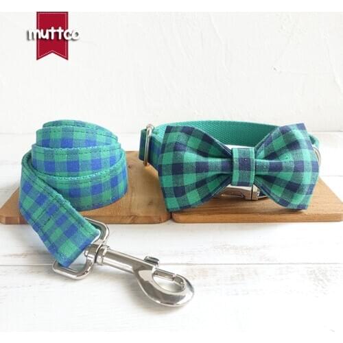 MUTTCO bow tie dog pet strap THE BLUE GREEN PLAID durable dog collar and leash set for small large dog UDC073