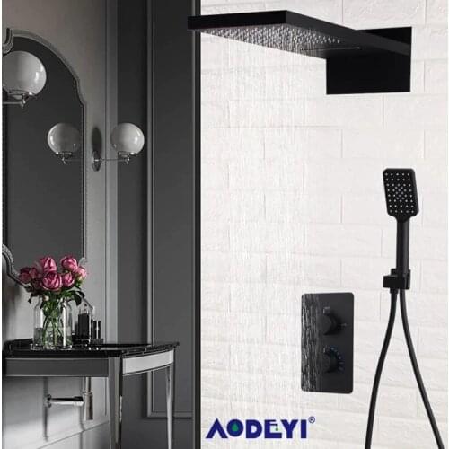 Wall Mounted Black Brass Bathroom Thermostatic Shower Faucet Set Waterfall Rainfall Shower Head Bath Faucet