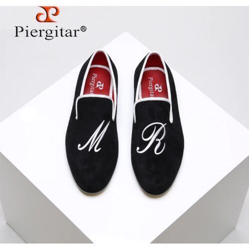Piergitar 2021 New style men casual shoes with custom personality letters embroidered Party and Wedding men velvet loafers