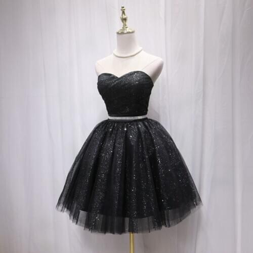 Sexy Black Short Prom Dress Strapless Lace-up Back Shining Sequins Tulle Party Gowns