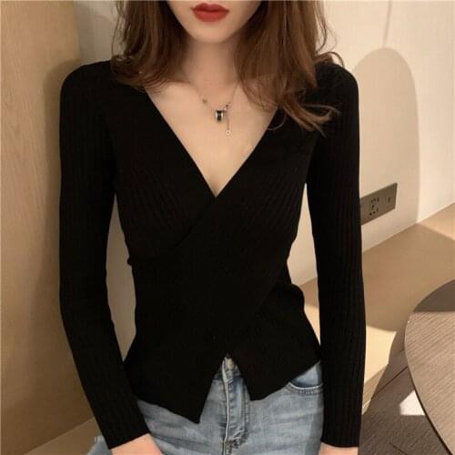 Sexy V-neck Sweater Slim Fit 2021 Autumn And Winter New Style Wild Long-sleeved Solid Color Pullover Sexy Casual Party Em