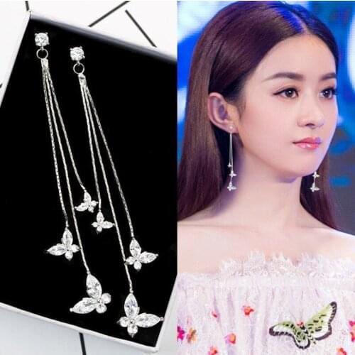 Crystal Butterfly Long Tassel Dangle Earrings Asymmetric Hanging Heart Earrings Golden Silver Color Trendy Women Party Jewelry