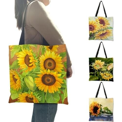 Custom Oil Sunflower Painting Print Hand Bags For Women 2019 Reusable Shopping Bag Casual Totes Bag For School Traveling B06057