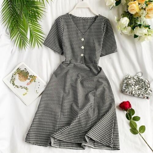 Slim Ladies Fashion V Neck Plaid Print Summer Midi Dress Button Party Vestido De Festa Women Casual High Waist A-Line Vestidos