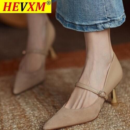 2021 Fashion Pointed Toe Shoes Woman Genuine Leather Metal Buckle High Heels Pumps For Girls Wedding Party Shoes For Women