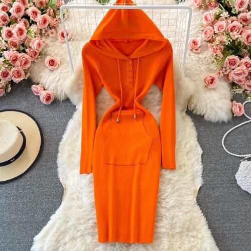 Ladies Casual Hooded Sweater Dress Womens Autumn New Long Sleeves Waist Slim Knitted Stretch Pockets Wrap Hip Dress Clothing