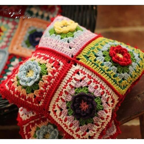 Retro Handmade Crochet Color Back Cushion Sofa Garden flowers Cushion Auto Parts Traits Girdle Pillow Wedding Decor Prop 34cm