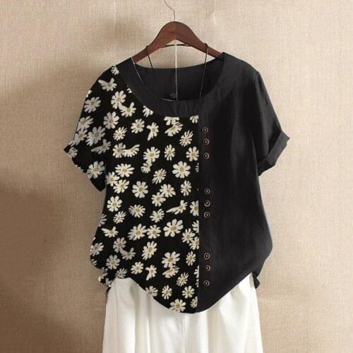 Daisy Print Vintage Womens Shirt 5XL Plus Size Loose Cotton Linen Womens Clothing Casual Elegant Short Sleeve Blusas Mujer