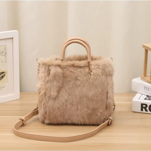 2020 winter new fashion furry portable small square bag rabbit fur one shoulder messenger chain bag female