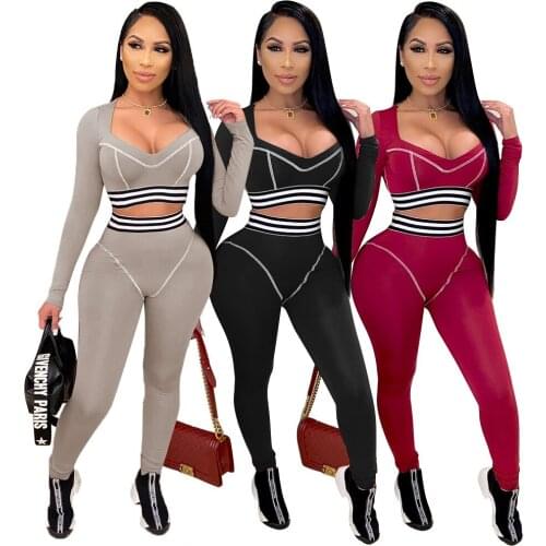 FNOCE 2020 winter new womens suits tracksuits sportwear fashion solid long sleeve v-neck short tops tight pans 2-pc sets suits