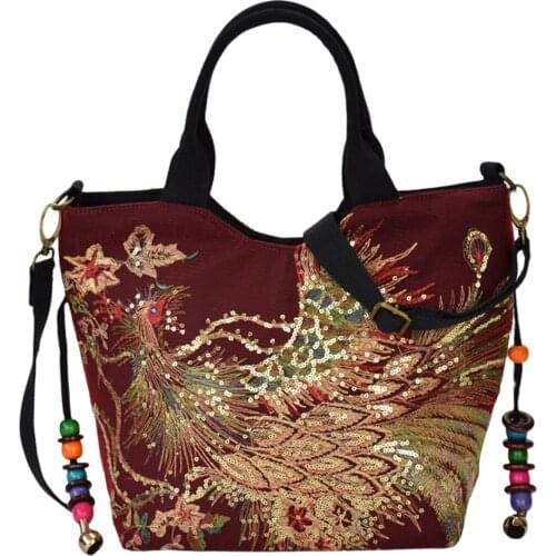 Women Vintage Handbags, Beautiful Embroidery Peacock Pattern Bead Pendant Decoration Sequin Cross Body Bag