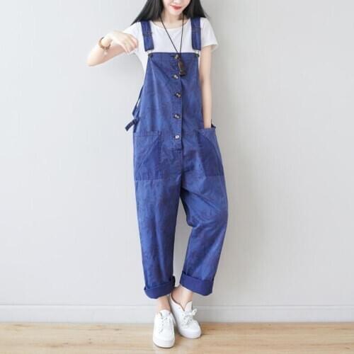 Summer New Single-breasted Stitching Pocket Ladies Denim Jumpsuit Korean Version Retro Printing Low Crotch Jeans