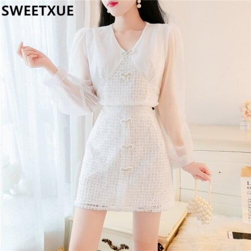 SWEETXUE Autumn Sweet cute bow Long-Sleeved Temperament V-neck Blouse + High-Waist Skirt Two-Piece Suit Women Outfits Set