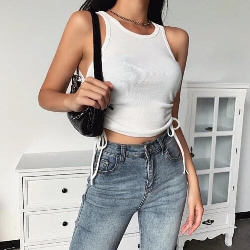 Women Pleated Tank Top Lace Up Summer Vest Bow Tanks Ruched Pure Color Tee O neck Casual Crop Top Black White Tee Ropa Mujer