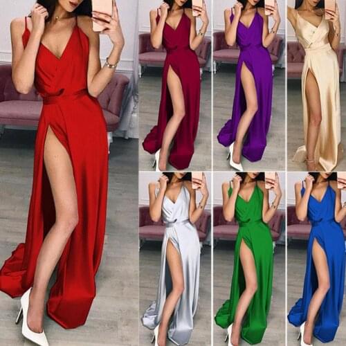 2020 Summer Fashion Dress Solid Sleeveless Sexy Deep V Strap Dresses Ruffled Spaghetti Strap Elegant Prom Female Vestidos
