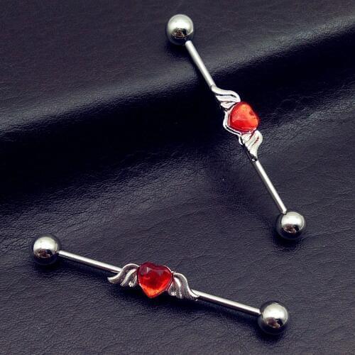 2Pcs Stainless Steel Ear Tragus Cartilage Helix Barbell Stud red heart wings Earring Industrial Piercing Barbell Jewelry Body