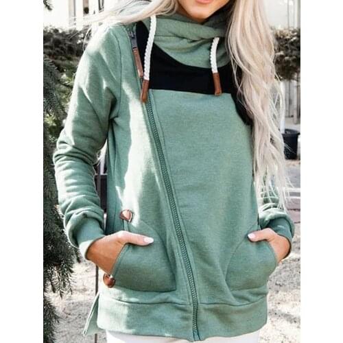 2020 Winter Clothes Women Casual Loose Fleece Polyester Hoodies Women Irregular Color Match Zip-up Full Sleeve Sweatshirt Women