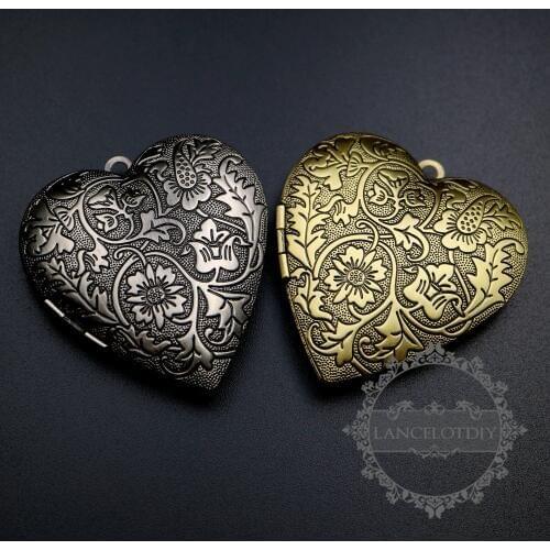 40mm vintage style antiqued silver,bronze flower engraved heart shape photo locket pendant charm DIY supplies 1131054