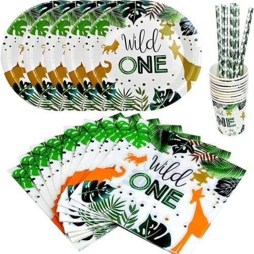 50Pcs Jungle Safari Wild One 1st Birthday Decor Disposable Tableware Sets Napkins Paper Plates Straws Cups Theme Party Supplies
