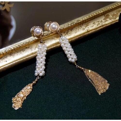9cm,Courtly style Tassels Pearls Drop-Earrings,Natural Fresh-water pearls women earrings for wedding Party dress decoration