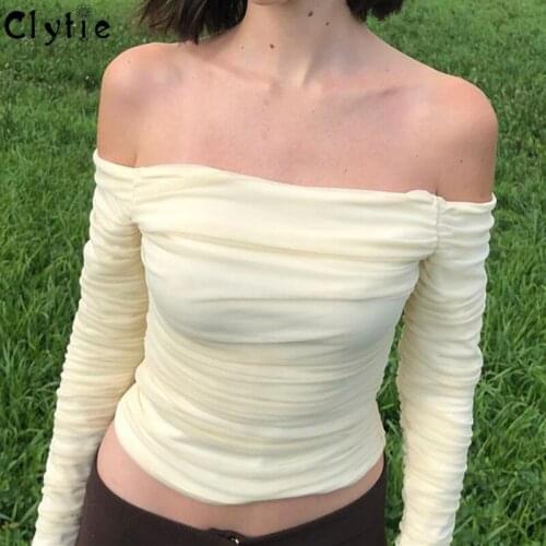 Clytie Off Shoulder Basic T Shirt For Women Long Sleeve Slash Neck Ladies Daily Clothing Female 2021 Casual Home Sexy Top