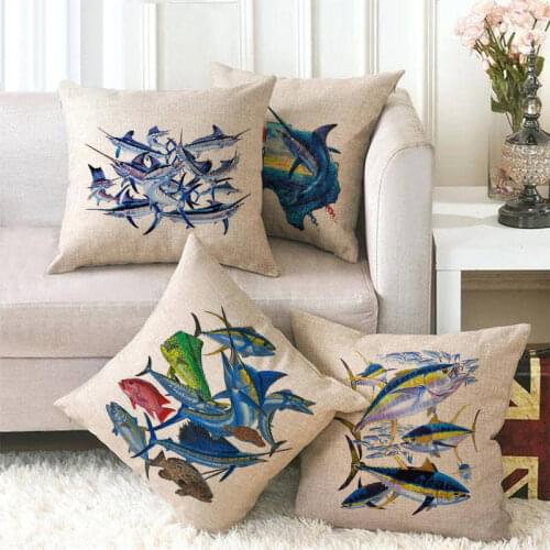 Cartoon Shark Sailfish Pattern Cushion Cover Marine Animal Series Pillowcase Modern Simple Linen Pillowcase