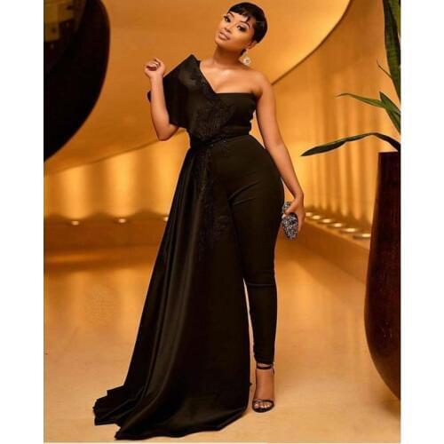 Black Jumpsuit Prom Dress With Appliques Sequins One Shoulder Overskirts African Evening Dresses Pant Suits Plus Size Party Gown