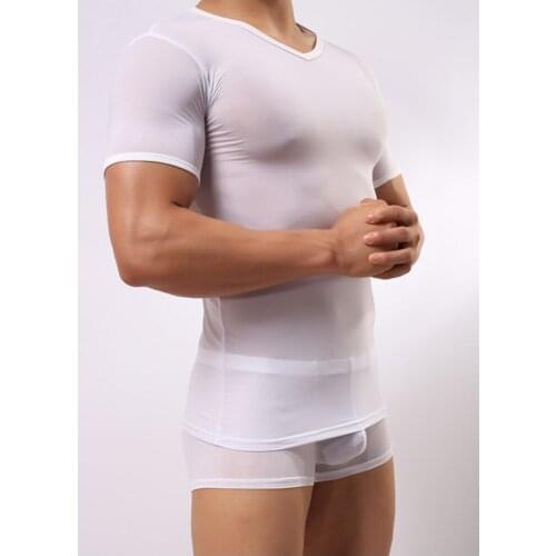 Mens Fitness Short Sleeve T Shirt Nylon Ultra Thin Refreshing Ice Silk Tight Round Collar